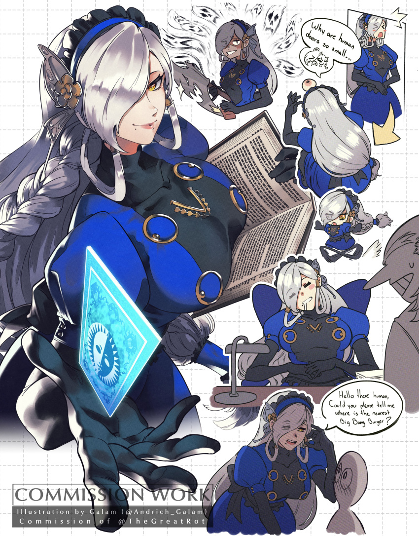 1girl, absurdres, alternate_height, andrich_galam, blue_dress, blue_hairband, book, breasts