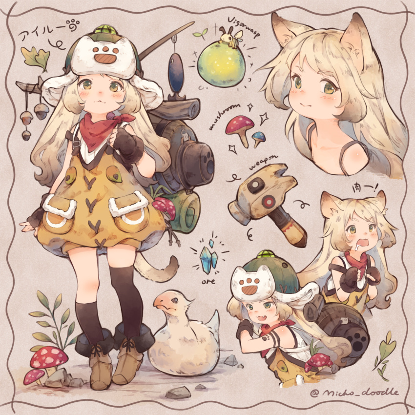 animal_ears, asymmetrical_legwear, black_gloves, blonde_hair, blush, cat_ears, cat_girl, cat_tail, commentary_request, felyne, fingerless_gloves, gloves, hammer, hat, highres, ivy1993, long_hair, mismatched_legwear, monster_hunter_(series), monster_hunter_wilds, multiple_views, mushroom, personification, plant, rock, saliva, tail, twitter_username, vigorwasp, yellow_eyes
