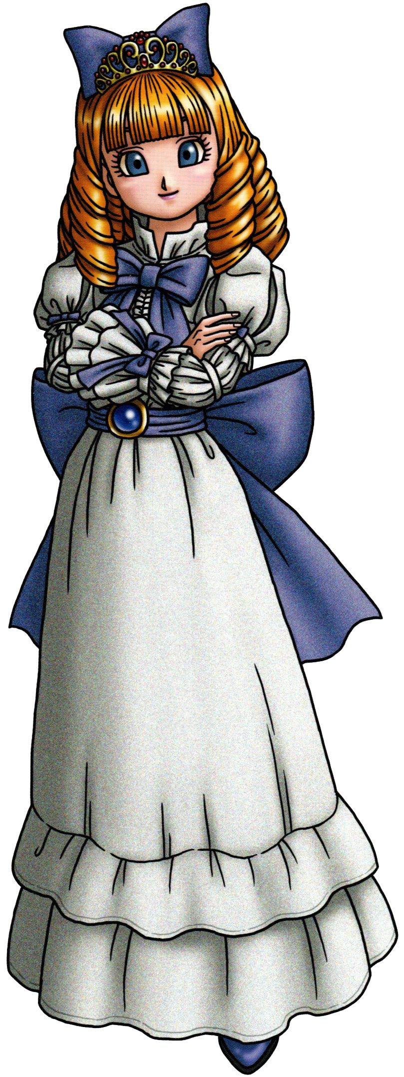 1girl, artist_request, blue_bow, blue_eyes, blue_gemstone, blue_sash, blunt_bangs, bow, check_artist, crossed_arms, curly_hair, dragon_quest, dragon_quest_x, dress, dress_bow, frills, full_body, gem, gold_tiara, hair_bow, highres, long_hair, looking_at_viewer, official_art, orange_hair, princess_vistalia, sash, scan, scan_artifacts, solo, third-party_source, tiara, toriyama_akira, waist_bow, white_dress