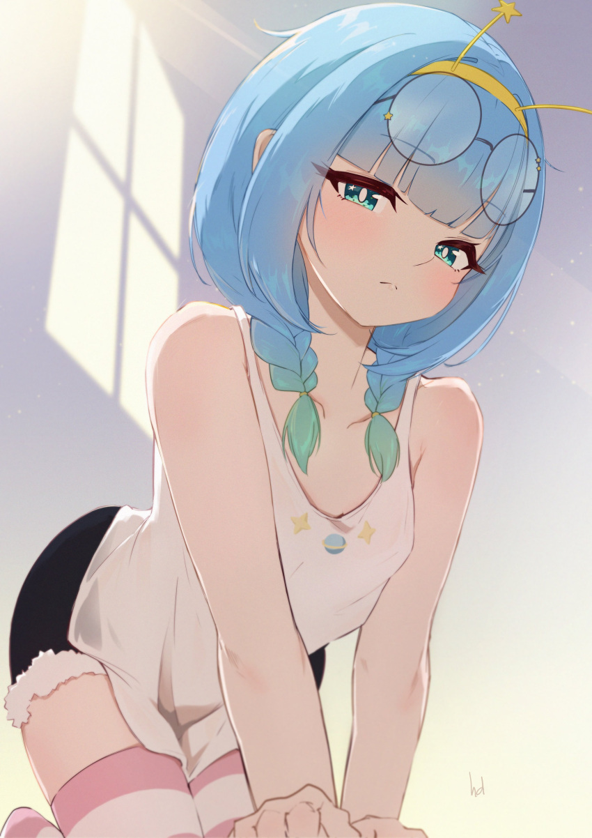 1girl, absurdres, bare_shoulders, black_shorts, blue_eyes, blue_hair, blunt_bangs, braid