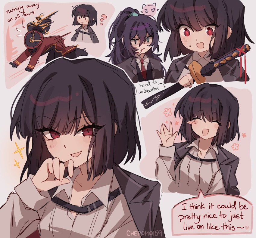 1boy, 1girl, 1other, absurdres, anger_vein, black_coat, black_eyes, black_gloves