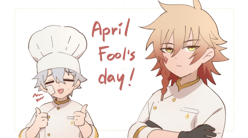 2boys, april_fools, black_gloves, blonde_hair, braid, chef, chef_hat, closed_eyes