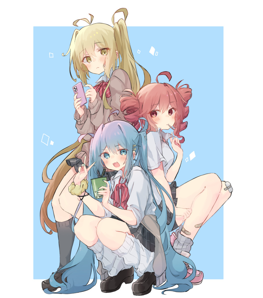 3girls, :3, ahoge, akita_neru, antenna_hair, aqua_eyes, aqua_hair, aqua_nails
