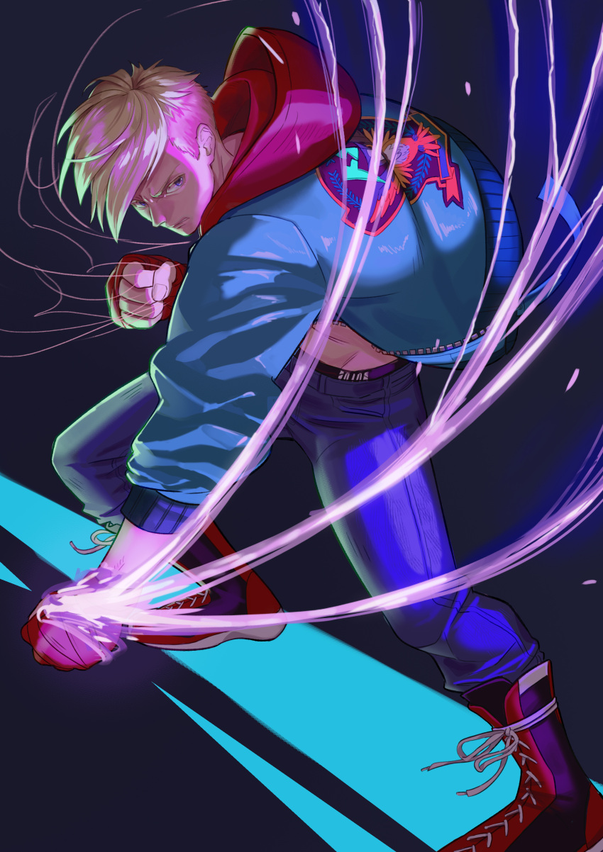 1boy, absurdres, asymmetrical_hair, blonde_hair, blue_pants, boots, clenched_hand, clenched_teeth, commentary, denim, dynamic_pose, ed_(street_fighter), full_body, hand_wraps, highres, hood, hood_down, hooded_jacket, jacket, jeans, lace-up_boots, looking_to_the_side, male_focus, male_underwear, male_underwear_peek, multicolored_jacket, pants, print_jacket, red_hood, scowl, short_hair, sideburns, sideways_glance, solo, street_fighter, street_fighter_6, symbol-only_commentary, teeth, tzchianh83105, undercut, underwear, unzipped, zipper