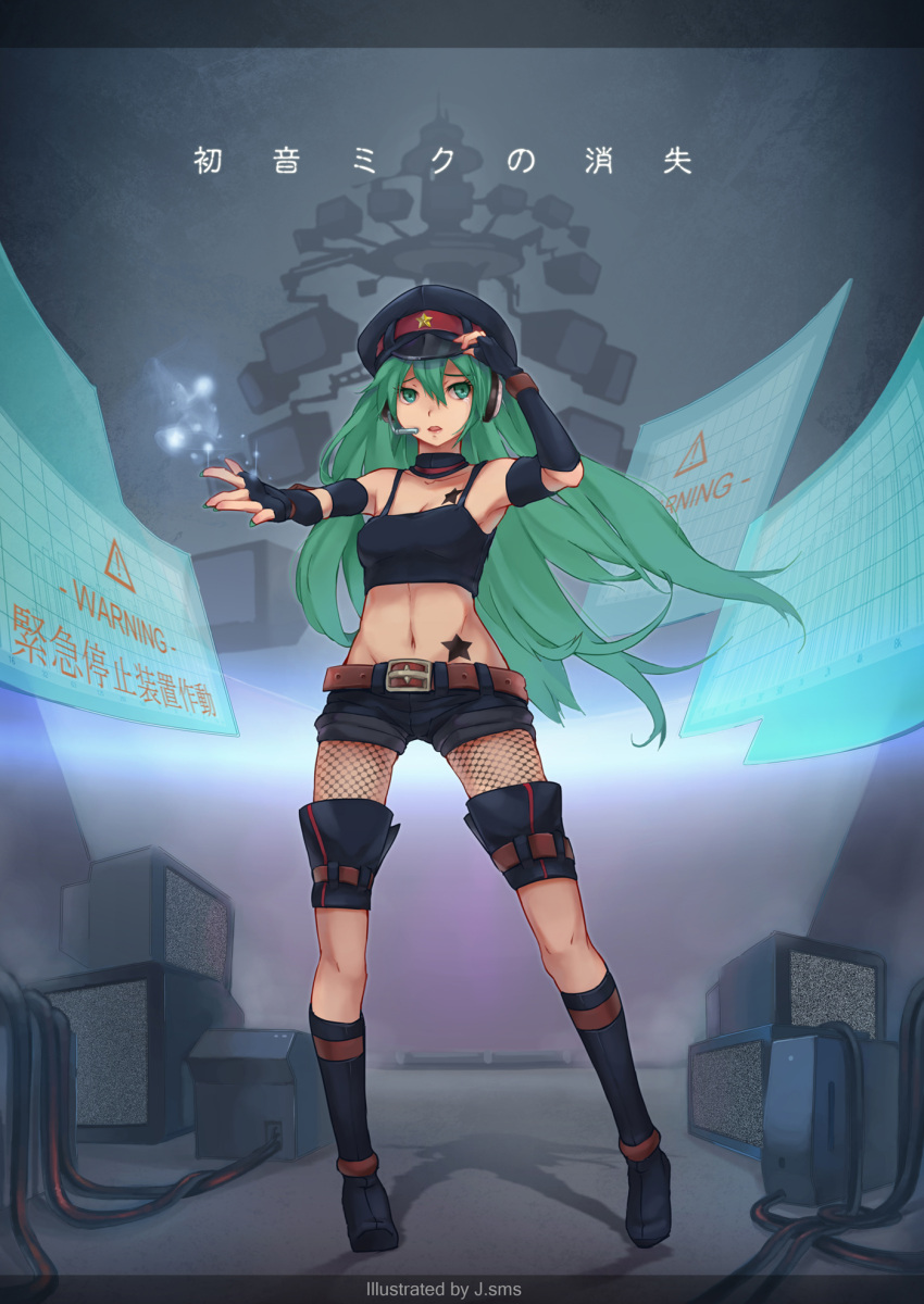 armpits, belt, elbow_gloves, fingerless_gloves, full_body, gloves, green_eyes, green_hair