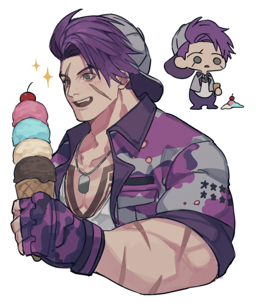 1boy, absurdres, backwards_hat, baseball_cap, camouflage, camouflage_jacket, cherry, chest_tattoo