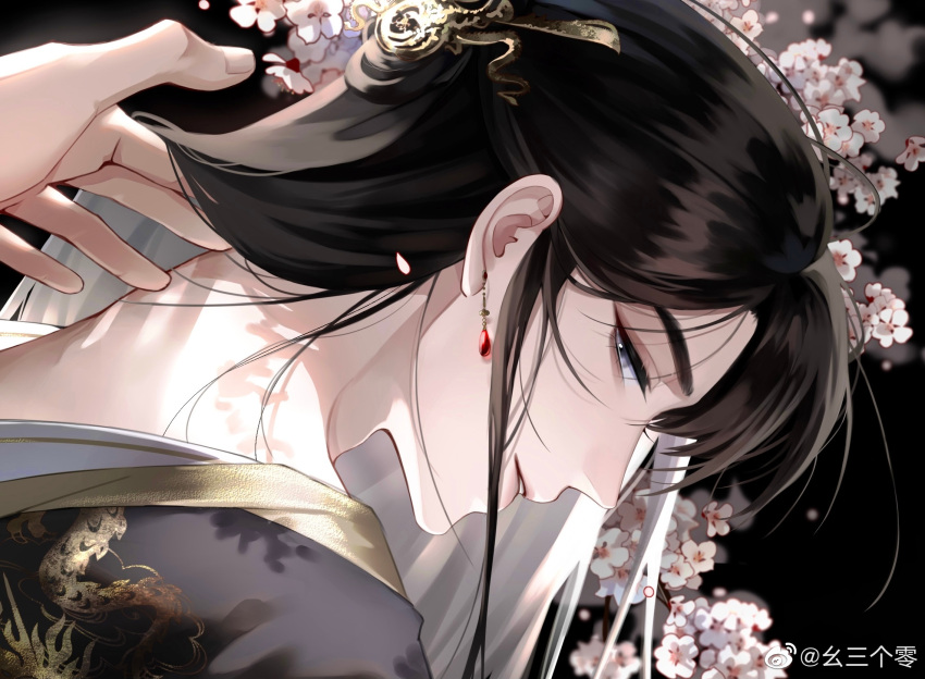 1boy, black_background, black_hair, black_hanfu, chinese_clothes, chinese_commentary, dragon_print, earrings