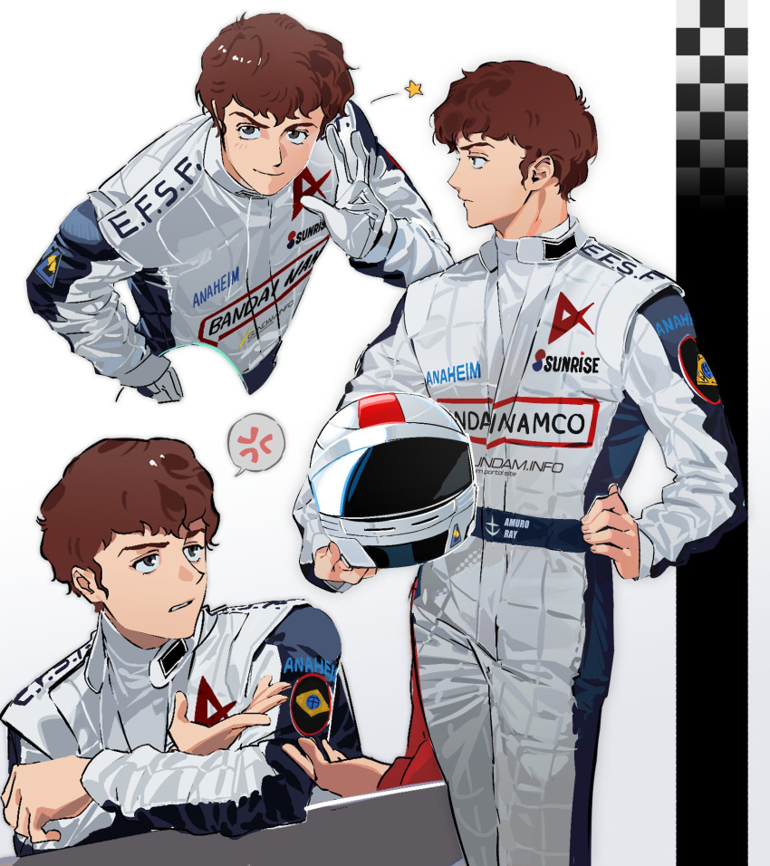 1boy, alternate_universe, amuro_ray, anger_vein, bandai, black_eyes, brown_hair, char's_counterattack, character_name, closed_mouth, commentary_request, dnwn_stone, earth_federation_space_forces, feet_out_of_frame, gloves, gundam, hand_on_own_hip, helmet, highres, holding, holding_helmet, jumpsuit, korean_commentary, legs_together, looking_at_viewer, looking_to_the_side, male_focus, multiple_views, parted_lips, racing_suit, short_hair, smile, spoken_anger_vein, sponsor, standing, star_(symbol), sunrise_(company), unworn_headwear, unworn_helmet, w, white_gloves, white_jumpsuit