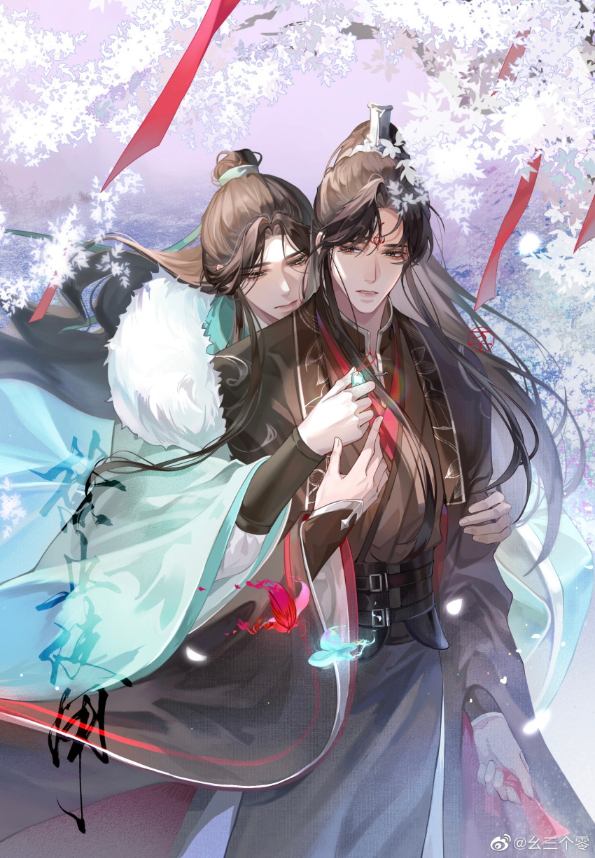 2boys, absurdres, black_hanfu, black_sash, brown_eyes, bug, butterfly, chinese_clothes