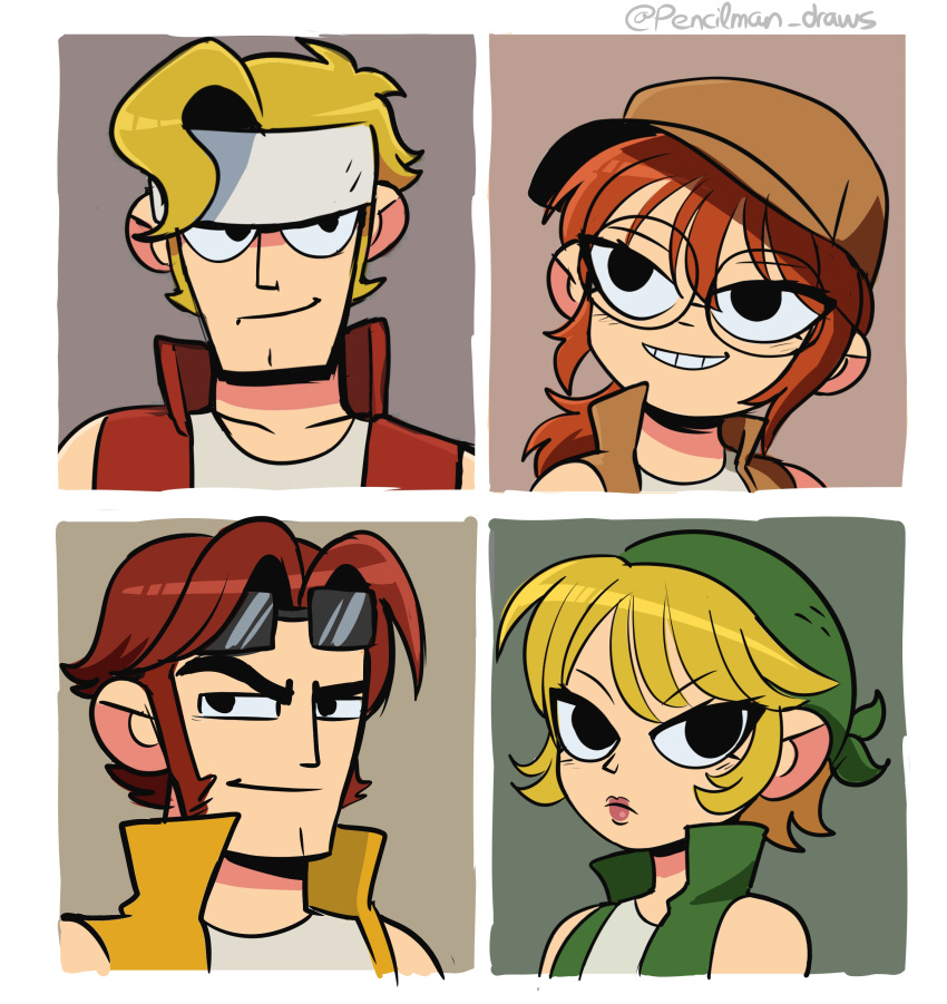 2boys, 2girls, absurdres, bandana, black_eyes, blonde_hair, brown_hair, brown_hat