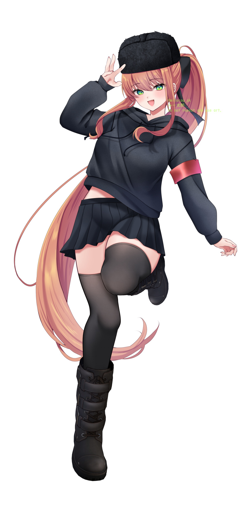 1girl, :d, absurdres, armband, black_boots, black_bow, black_hat, black_shirt