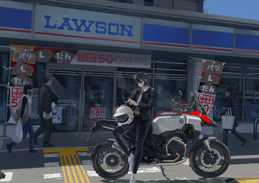 1boy, 1other, 2girls, absurdres, black_hair, black_jacket, black_pants, blue_sky