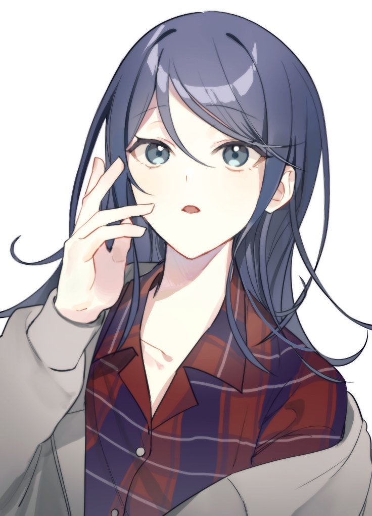 1girl, 8_utauyo, black_hair, blue_eyes, brown_jacket, collarbone, collared_shirt, commentary_request