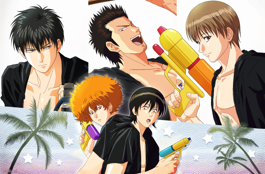 5boys, absurdres, afro, alternate_costume, anime_coloring, bare_pectorals, black_hair, black_shirt