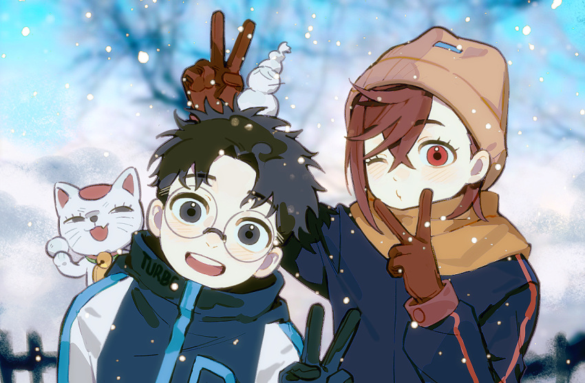 1boy, 1girl, ayase_momo, ayase_seiko, bell, black_gloves, black_hair, blurry