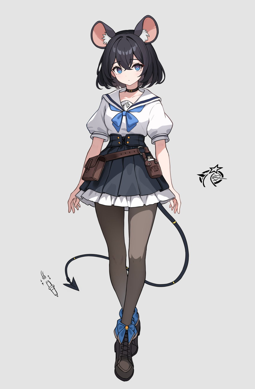 1girl, absurdres, animal_ears, black_choker, black_hair, black_pantyhose, blue_eyes, choker, crossed_bangs, extra_ears, highres, layered_skirt, mouse_ears, mouse_girl, mouse_tail, nekoda_(maoda), original, pantyhose, pleated_skirt, sailor_collar, shirt, short_hair, skirt, solo, tail, white_background, white_sailor_collar, white_shirt