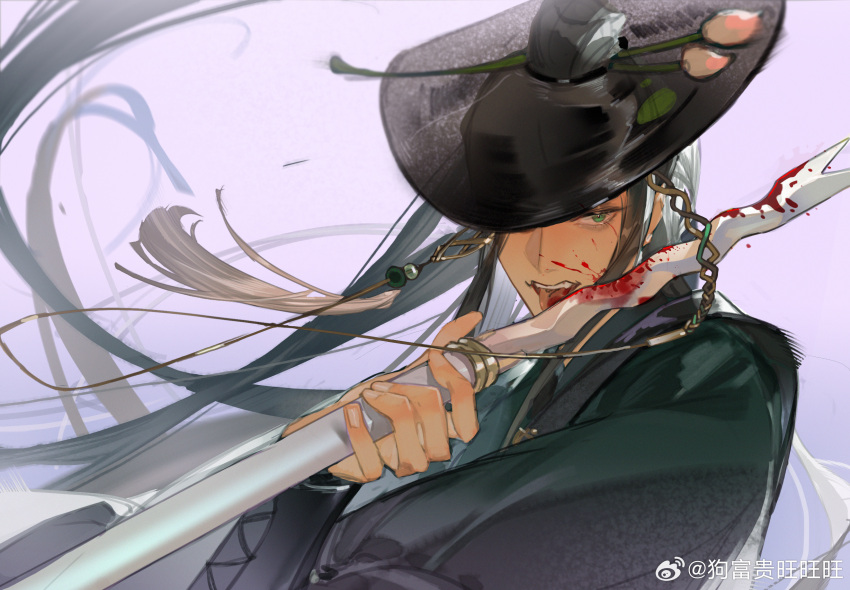 1boy, black_hair, black_hanfu, black_hat, blood, blood_on_face, blood_on_tongue, blood_on_weapon, chinese_clothes, chinese_commentary, code:_kite, fang, gou_fu_gui_wang_wang_wang, gradient_background, green_eyes, hanfu, hat, highres, holding, holding_polearm, holding_weapon, licking, licking_weapon, long_hair, long_sleeves, looking_at_viewer, male_focus, one_eye_covered, pink_background, polearm, purple_background, solo, tassel, tongue_mark, topknot, upper_body, watermark, weapon, weibo_watermark, zhang_fei_(code:_kite)