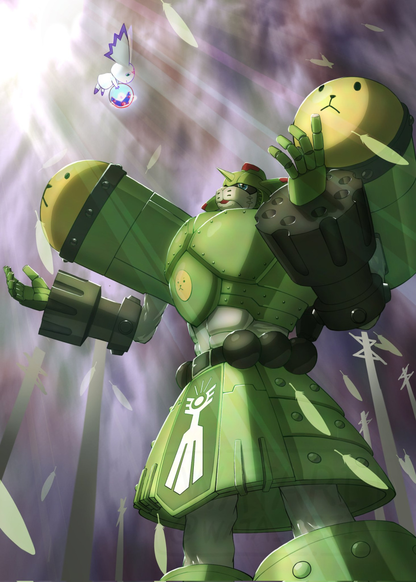 1boy, armor, cowboy_shot, culumon, digimon, digimon_(creature), digimon_tamers, floating
