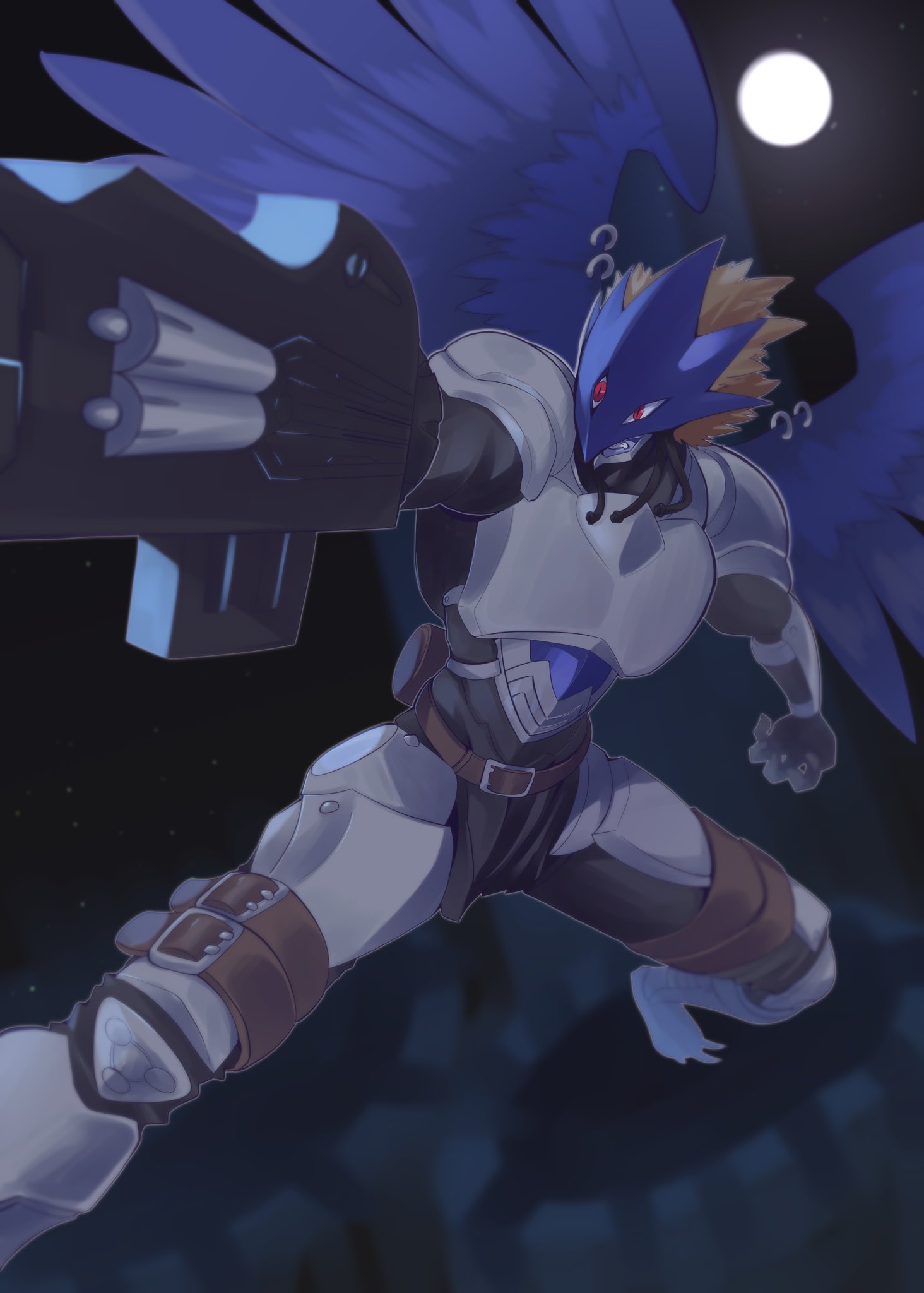 1boy, arm_cannon, armor, beelzebumon_(xros_wars), blonde_hair, blue_wings, digimon, digimon_(creature)