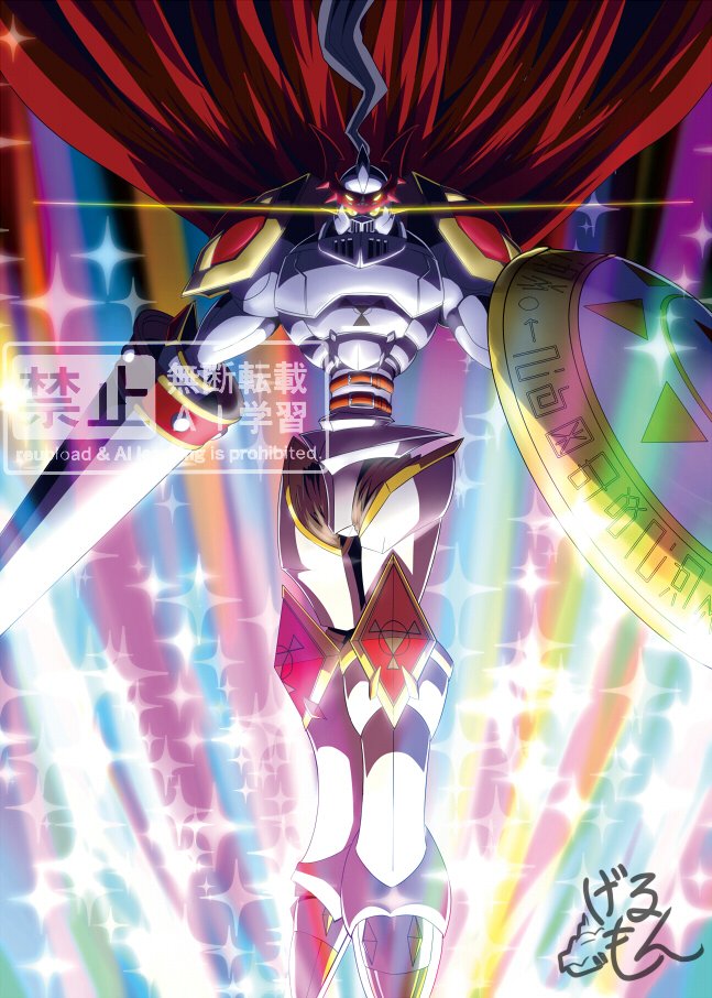 armor, asymmetrical_dual_wielding, cape, digimon, digimon_(creature), dual_wielding, dukemon, floating_cape