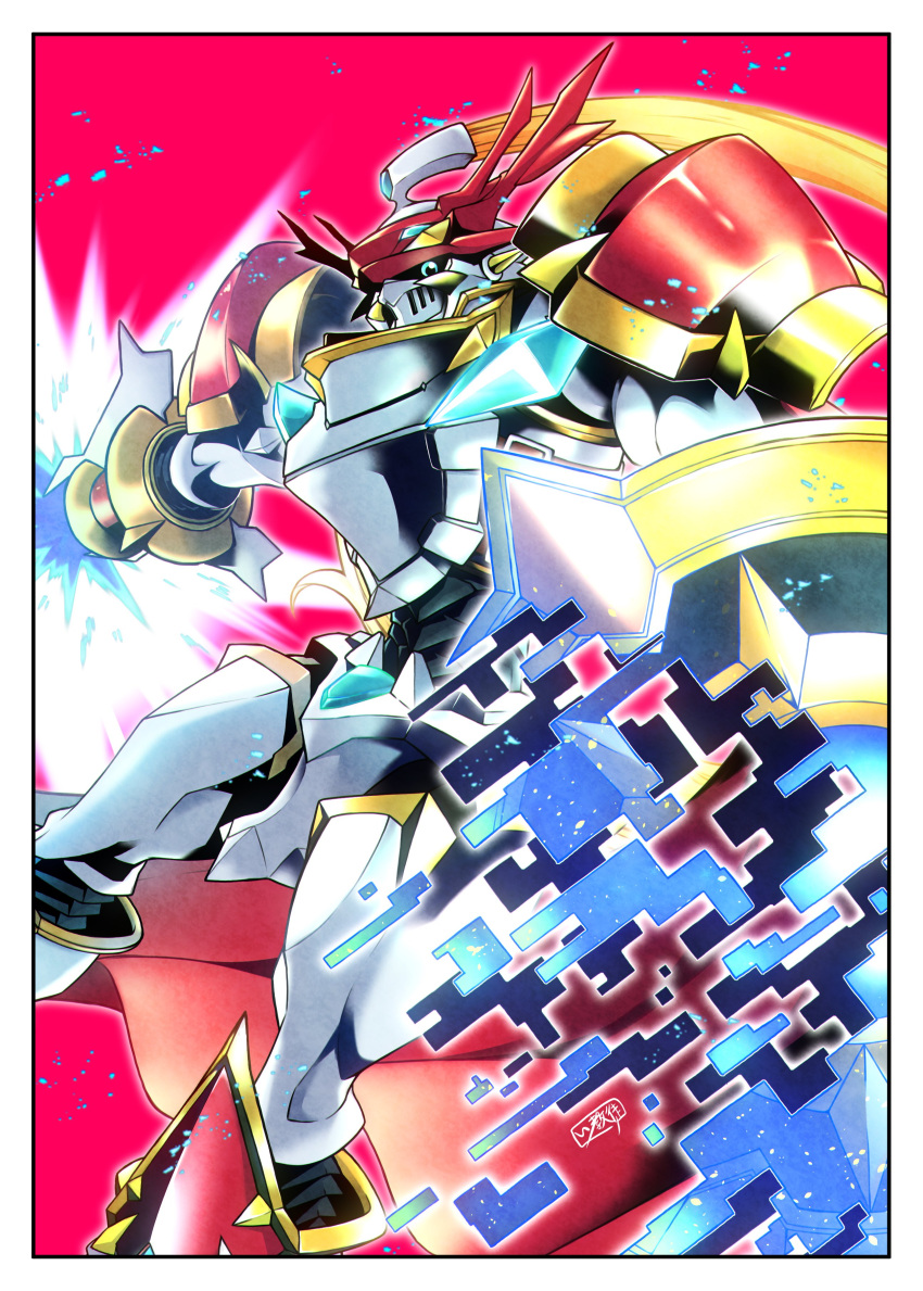 absurdres, armor, asymmetrical_dual_wielding, blue_eyes, border, cape, cowboy_shot, digimon