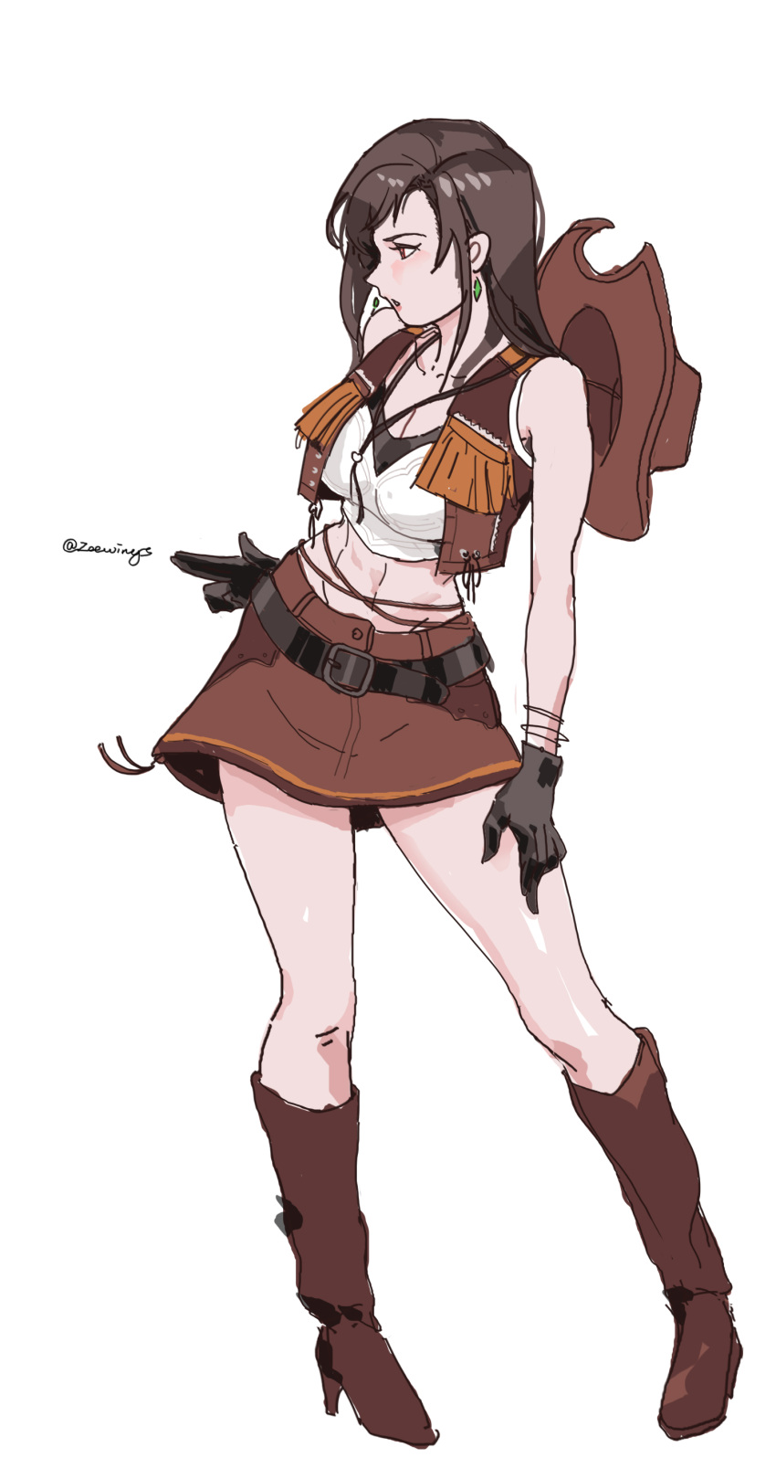 1girl, absurdres, belt, black_gloves, black_hair, boots, brown_boots, brown_skirt
