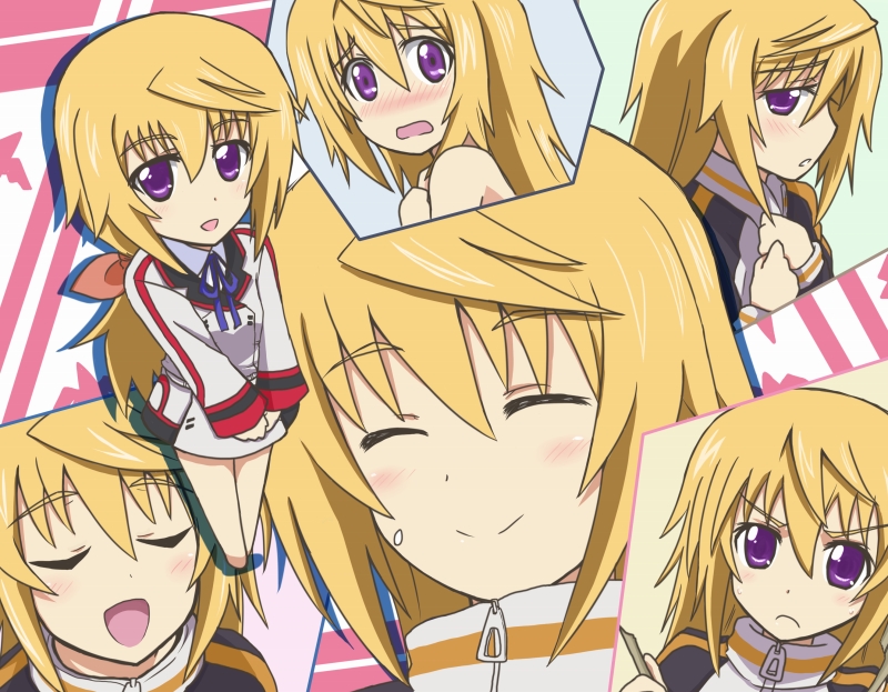angry, bad_id, blonde_hair, blush, charlotte_dunois, closed_eyes, embarrassed, expressions, infinite_stratos, long_hair, open_mouth, purple_eyes, reverse_(artist), school_uniform, short_hair, smile, track_jacket, v_arms, violet_eyes