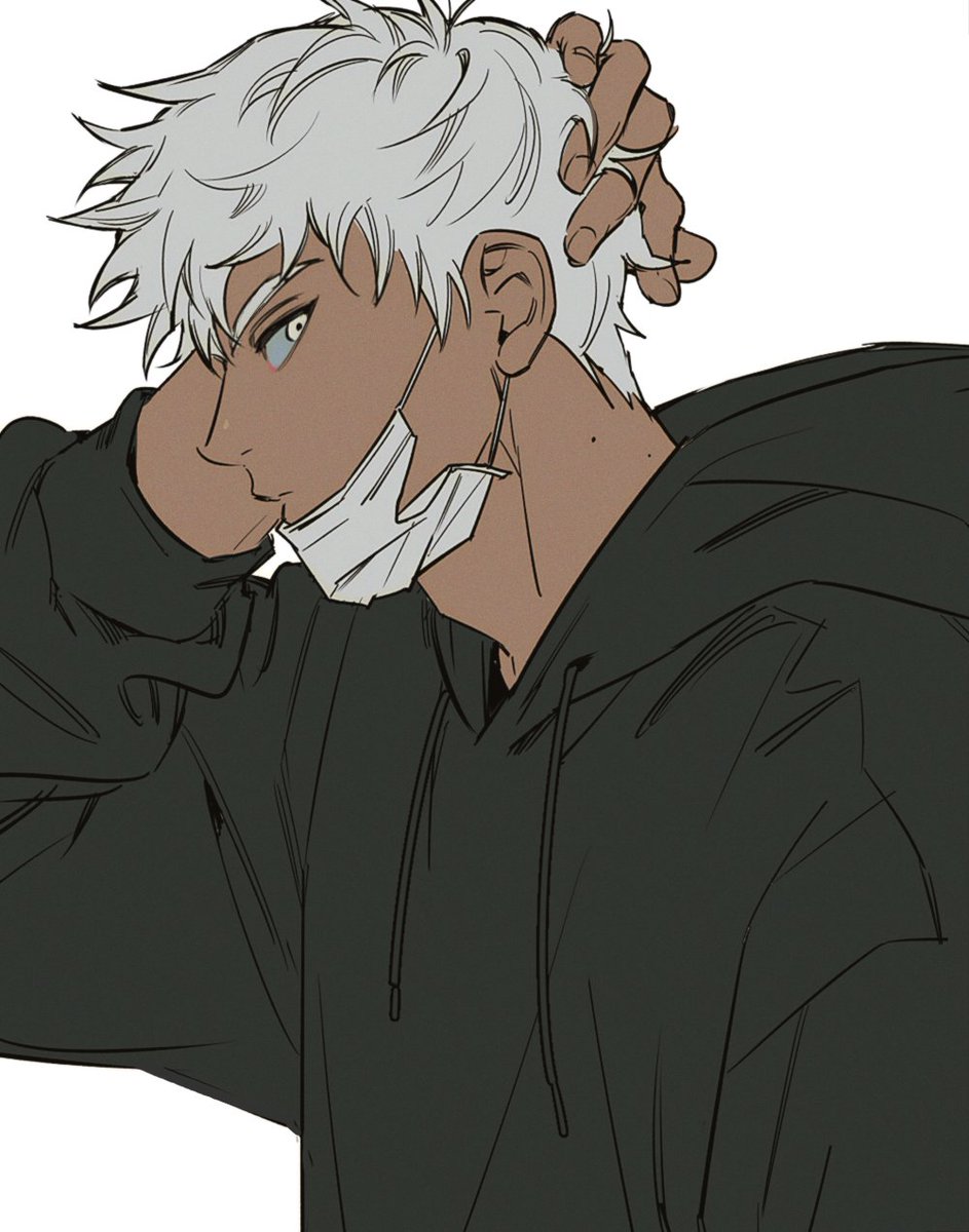1boy, adam's_apple, black_hoodie, closed_mouth, dark-skinned_male, dark_skin, drawstring, hand_on_own_head