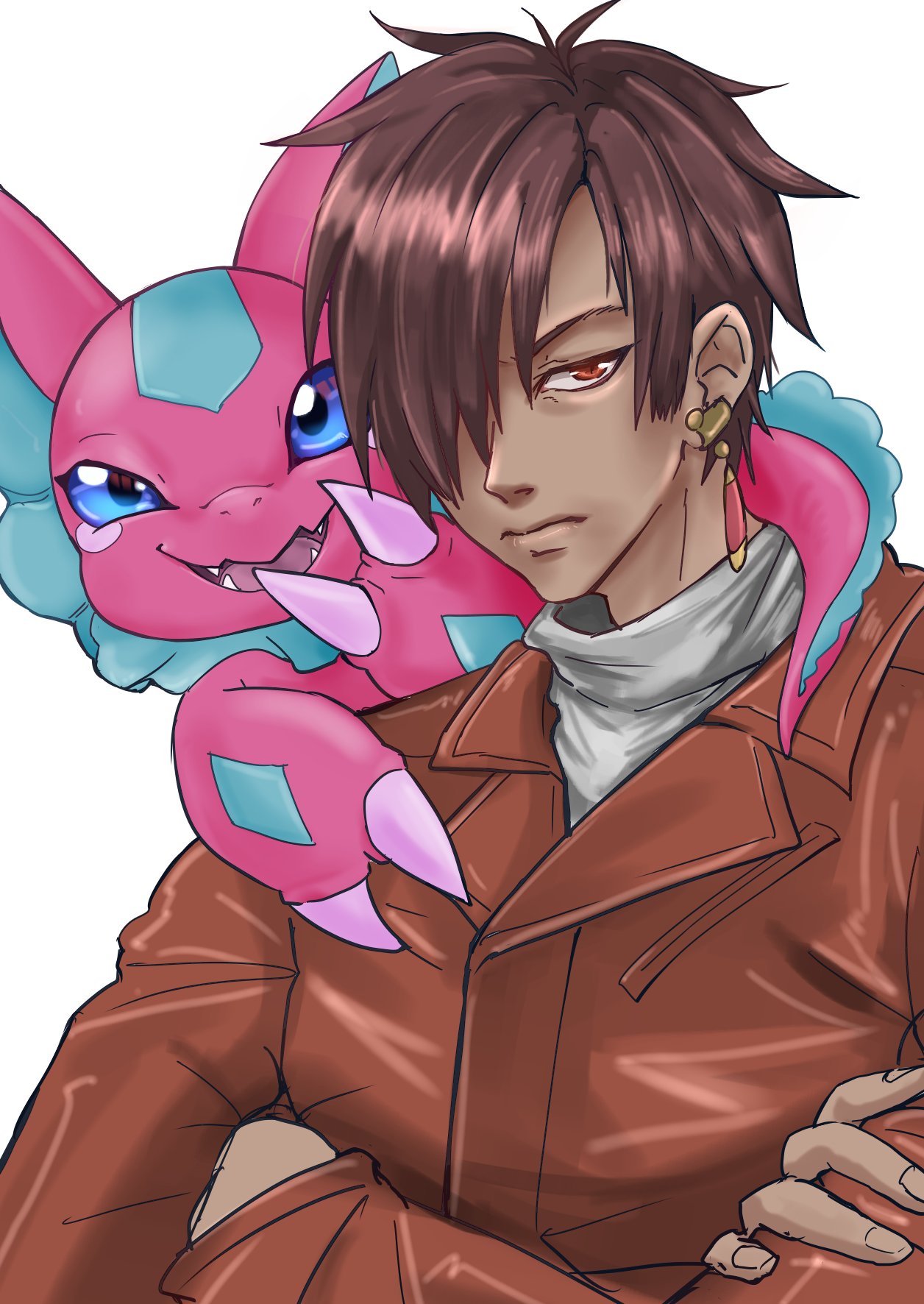 1boy, 1girl, blue_eyes, brown_eyes, brown_hair, brown_jacket, dark-skinned_male, dark_skin, digimon, digimon_card_game, digimon_liberator, elizamon, fangs, fins, head_fins, highres, jacket, lizard, minmin_(mtnr-minmin), owen_dreadnought, pink_scales, short_hair, simple_background, upper_body, white_background