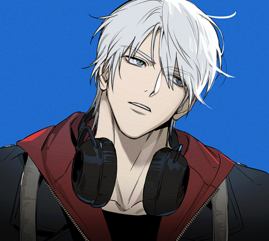 1boy, black_shirt, blue_background, blue_eyes, collarbone, commentary, crew_neck, devil_may_cry_(series)