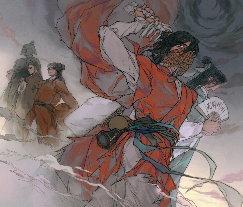 2boys, 4others, beads, black_hair, bone, chinese_clothes, clouds, coin, covered_mouth, dao_gui_yi_xian, deepsleepless, folding_fan, gourd, green_hanfu, green_ribbon, hair_bun, hair_ribbon, hand_fan, hand_up, hanfu, holding, holding_bone, holding_fan, holding_weapon, holed_coin, jewelry, layered_sleeves, li_huowang, long_hair, long_sleeves, looking_at_viewer, male_focus, mask, mouth_veil, multiple_boys, multiple_others, pants, paper_fan, profile, red_hanfu, red_ribbon, ribbon, robe, sash, single_hair_bun, sky, smoke, solo_focus, spine, standing, torn_clothes, veil, weapon, weapon_on_back, white_pants, wide_sleeves, wind, zhuge_yuan