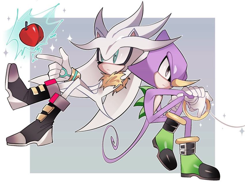 2boys, apple, boots, espio_the_chameleon, floating, food, fruit, furry