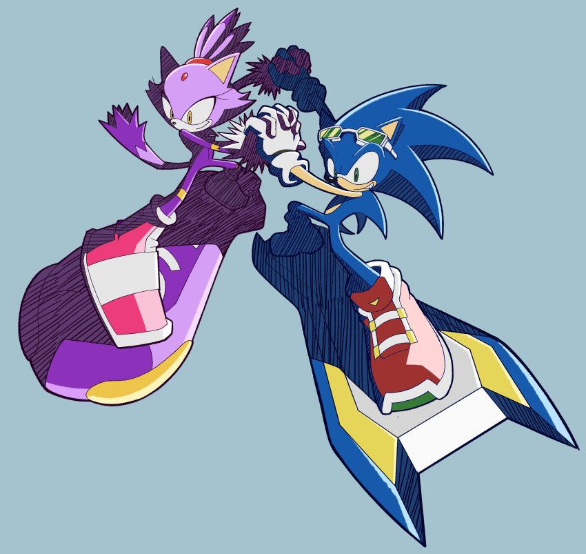 1boy, 1girl, absurdres, blaze_the_cat, blaze_the_cat_(riders), blue_background, bodysuit, cat_girl, cat_tail, eyewear_on_head, furry, furry_female, furry_male, grin, hedgehog_boy, highres, holding_hands, hoverboard, official_alternate_costume, pocho22059768, shoes, smile, sneakers, sonic_(series), sonic_riders, sonic_riders_(series), sonic_rush, sonic_the_hedgehog, sonic_the_hedgehog_(riders), tail, track_suit, yellow_eyes