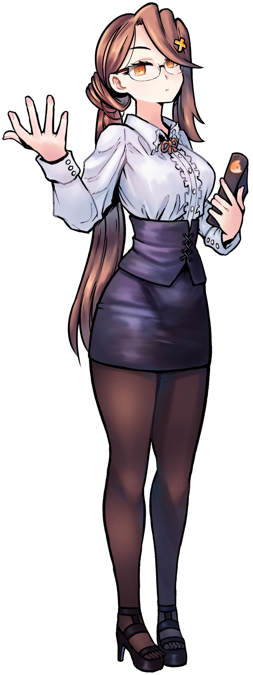 1girl, absurdres, black_corset, black_shoes, black_skirt, brown_hair, brown_pantyhose, closed_mouth
