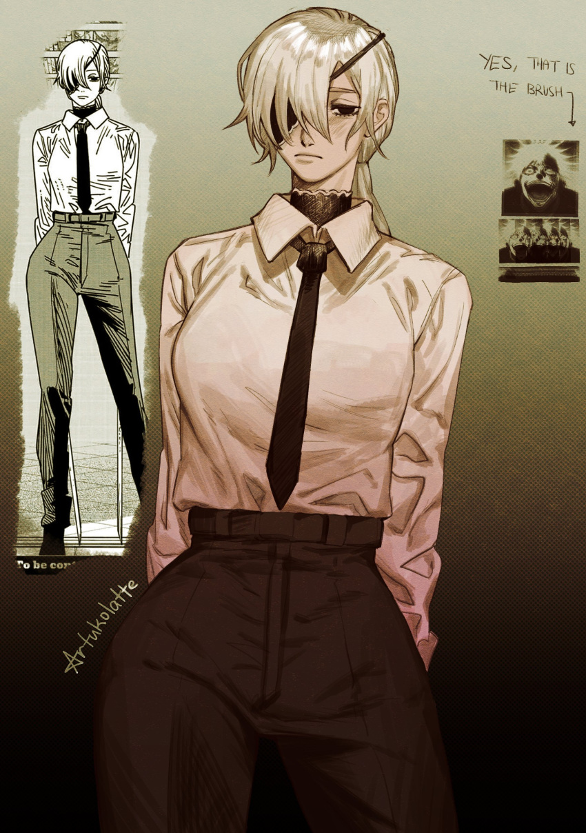 1girl, absurdres, arrow_(symbol), artist_name, artukolatte, black_eyes, black_necktie, black_pants, chainsaw_man, closed_mouth, collared_shirt, comic_panel_inset, eyepatch, gojou_satoru, grey_hair, highres, jujutsu_kaisen, necktie, pant_suit, pants, quanxi_(chainsaw_man), shirt, shirt_tucked_in, solo, suit, white_shirt