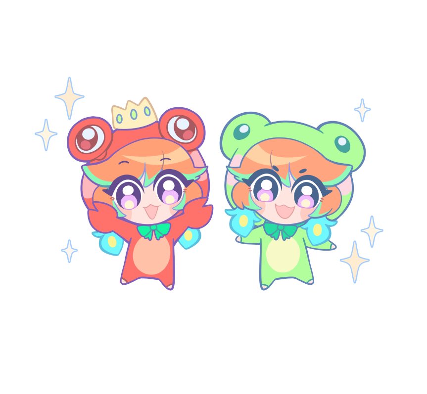 2girls, alternate_form, animal_costume, bow, chibi, commentary, crab_costume, crabbywawa