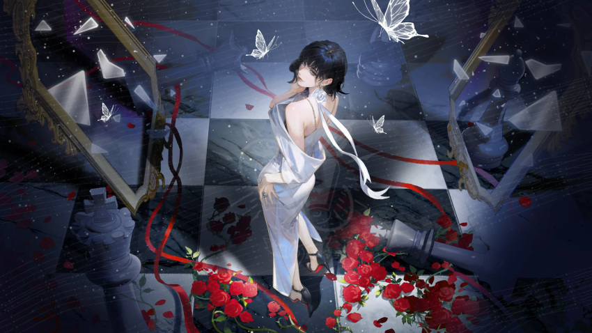 1girl, absurdres, bare_shoulders, black_eyes, black_hair, black_shoes, broken_glass, bug