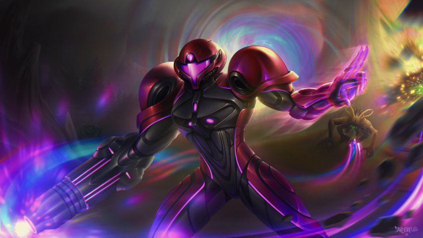 1girl, absurdres, arm_cannon, armor, assault_visor, creature, danderfull, glowing