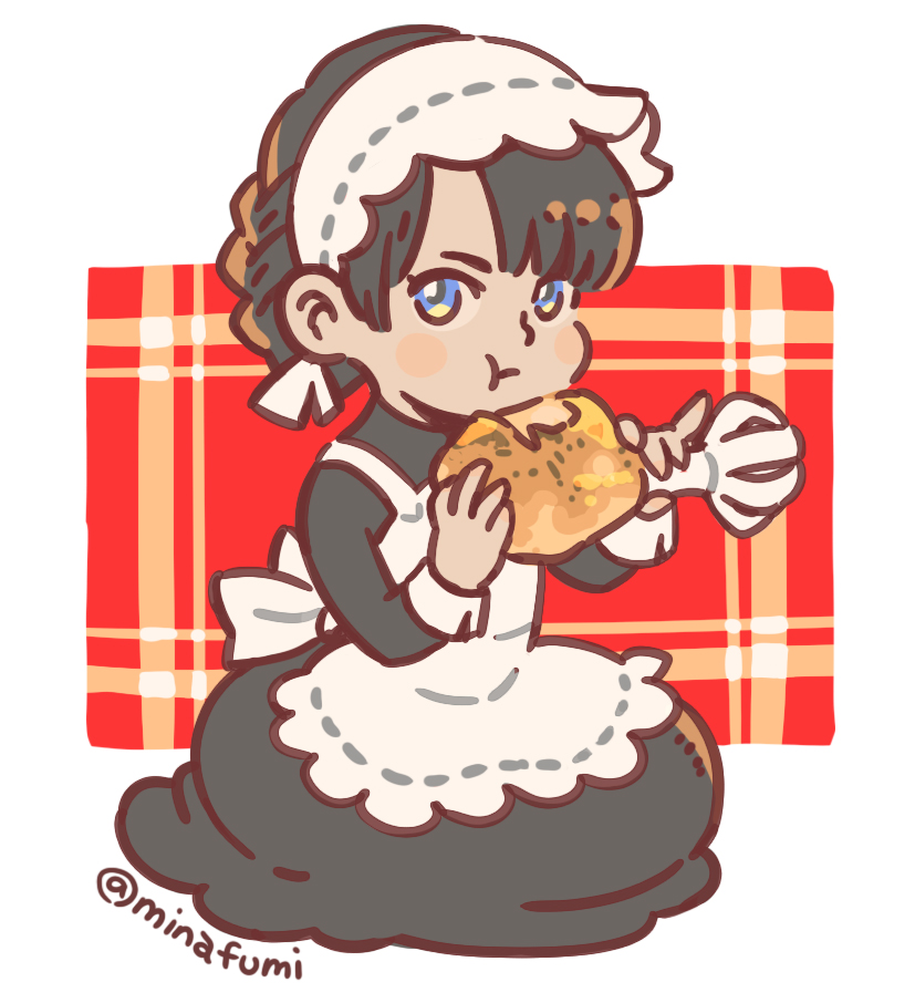 1girl, :t, apron, back_bow, black_dress, black_hair, blue_eyes, boned_meat