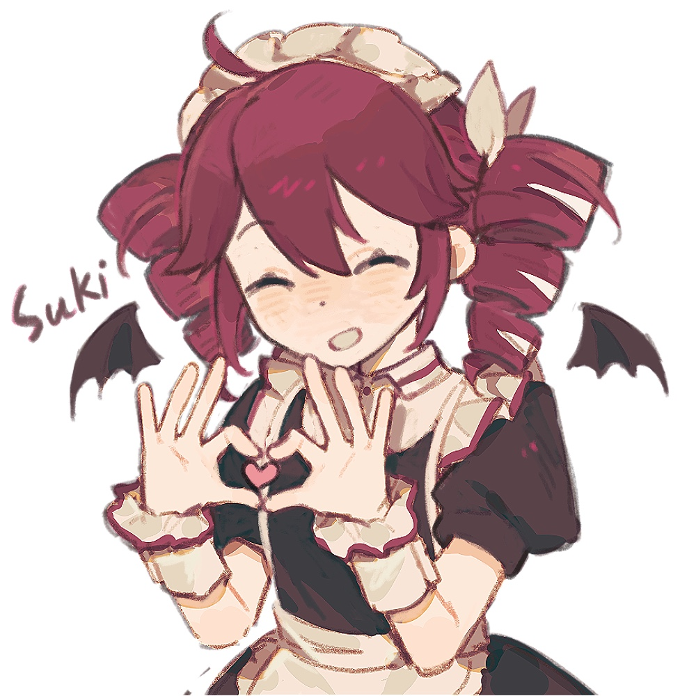 1girl, 4-finger_heart_hands, ^_^, ahoge, alternate_costume, apron, bat_wings, black_dress