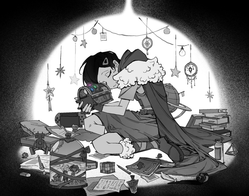 1girl, amphibia, anne_boonchuy, book, book_stack, boots, cape, closed_eyes