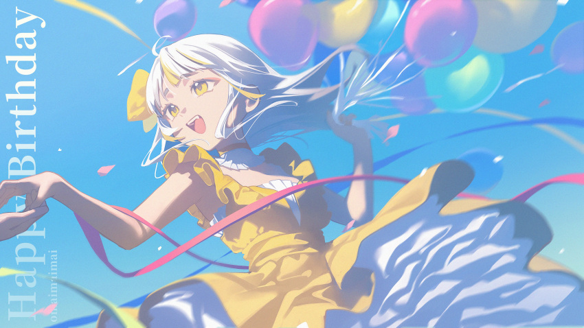 1girl, 1other, :d, absurdres, ahoge, alternate_costume, balloon, blonde_hair, breasts, character_name, commentary, dress, english_commentary, fang, hands_up, happy_birthday, highres, holding, holding_balloon, indie_virtual_youtuber, long_hair, looking_to_the_side, midori_fufu, multicolored_hair, omaimaimai_(vtuber), open_mouth, short_sleeves, small_breasts, smile, solo_focus, streaked_hair, teeth, upper_body, upper_teeth_only, virtual_youtuber, white_petticoat, yellow_dress