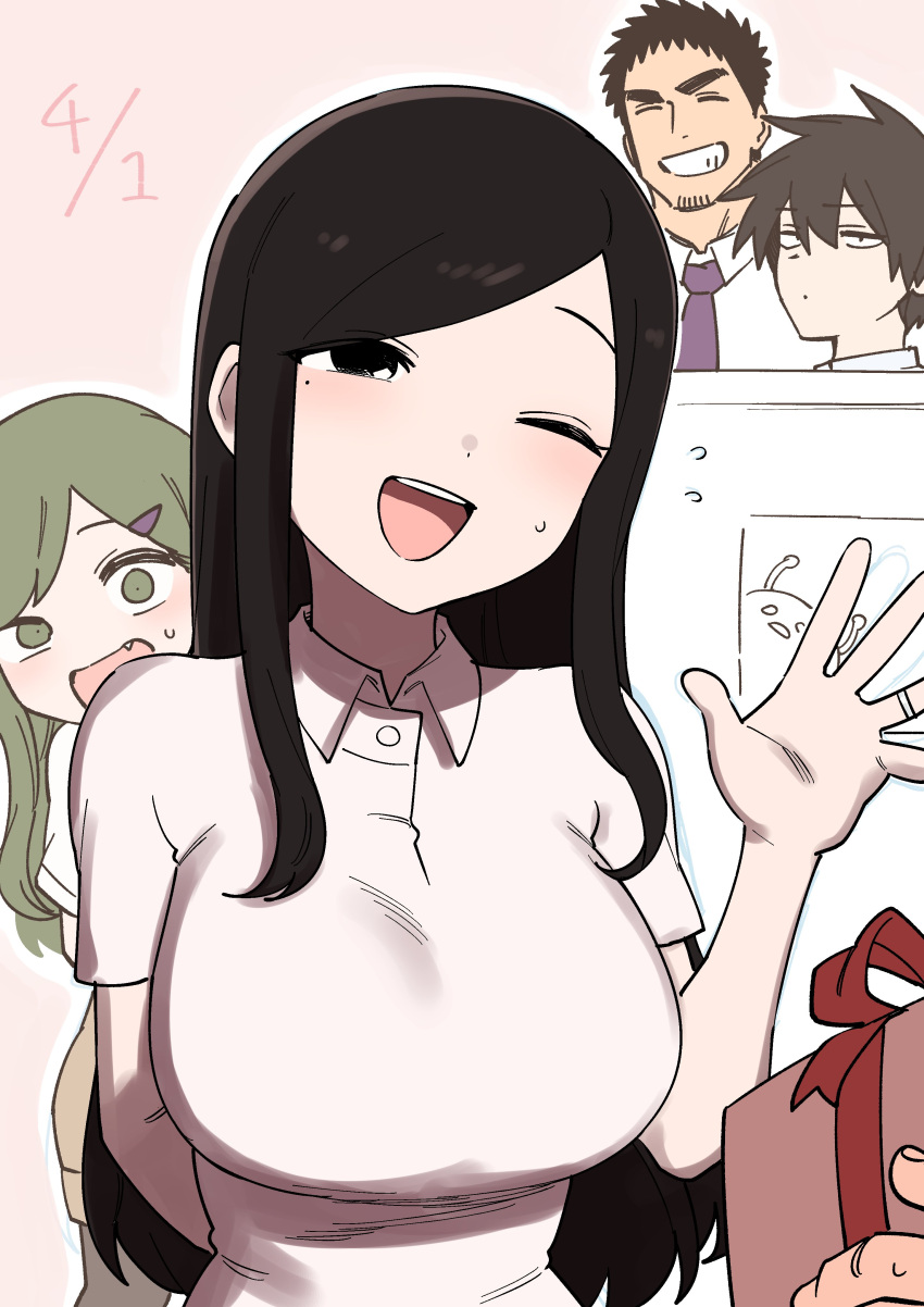 2boys, 2girls, absurdres, black_eyes, black_hair, breasts, closed_eyes, collared_shirt