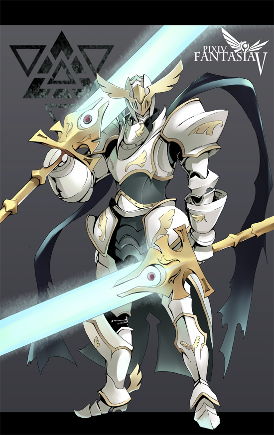 dual_wielding, full_armor, gauntlets, greaves, helmet, huge_weapon, km_(artist), knight