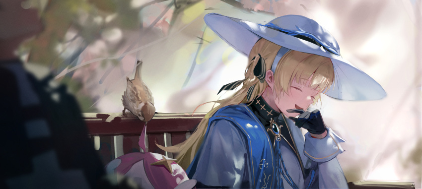 1boy, 1girl, absurdres, black_bow, black_gloves, blonde_hair, blue_gemstone, blue_sash, bow, chinese_commentary, closed_eyes, commentary_request, gem, gloves, hair_bow, hand_up, hat, highres, laughing, long_hair, long_sleeves, male_rover_(wuthering_waves), nimbus_wraith_(wuthering_waves), partial_commentary, phoebe_(wuthering_waves), rover_(wuthering_waves), sash, shirt, smile, solo_focus, white_hat, white_shirt, wuthering_waves, yunkkker