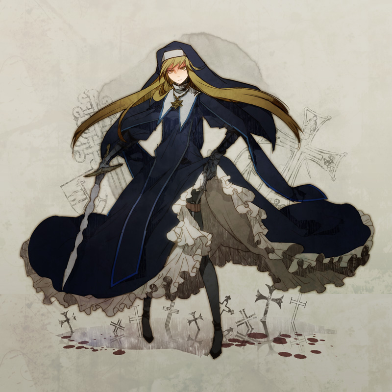 black_pantyhose, blonde_hair, blood, celes_(pixiv_fantasia), ceres_(pixiv_fantasia), gargadia_empire, habit, holster, jewelry, knife, kyoka_hatori, kyouka_hatori, long_hair, necklace, nun, pantyhose, pixiv_fantasia, pixiv_fantasia_5, skirt, skirt_lift, slip_skirt, solo, sword, thigh_holster, weapon, yellow_eyes