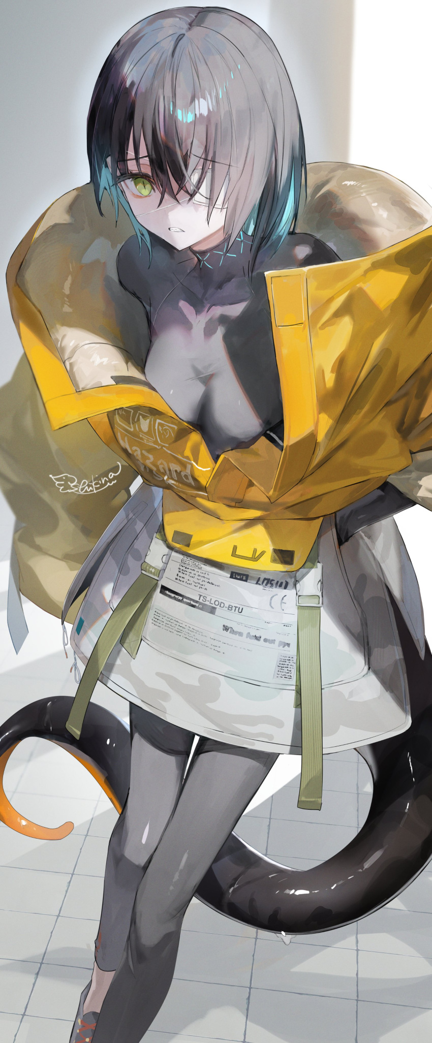 1girl, absurdres, arknights, asbestos_(arknights), black_bodysuit, black_hair, black_shoes, blue_hair
