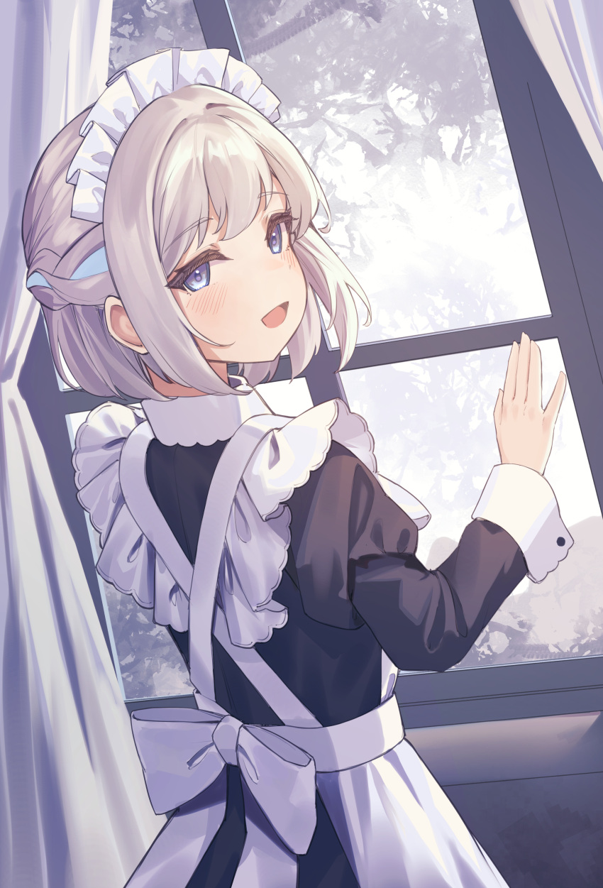 1girl, absurdres, alternate_costume, apron, black_dress, blue_eyes, blue_ribbon, blush