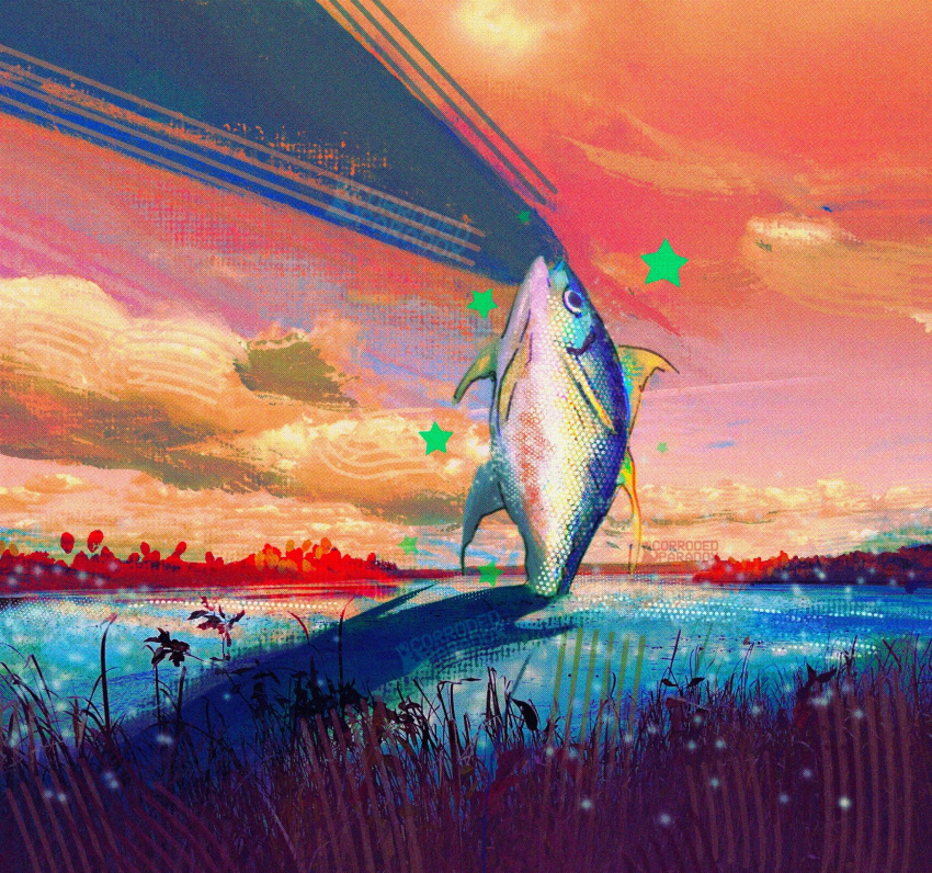 alt_text, animal, animal_focus, color_contrast, colorful, commentary, corrodedparadox, english_commentary, fish, grass, highres, no_humans, orange_sky, original, painterly, scenery, sky, solo, star_(symbol), tuna