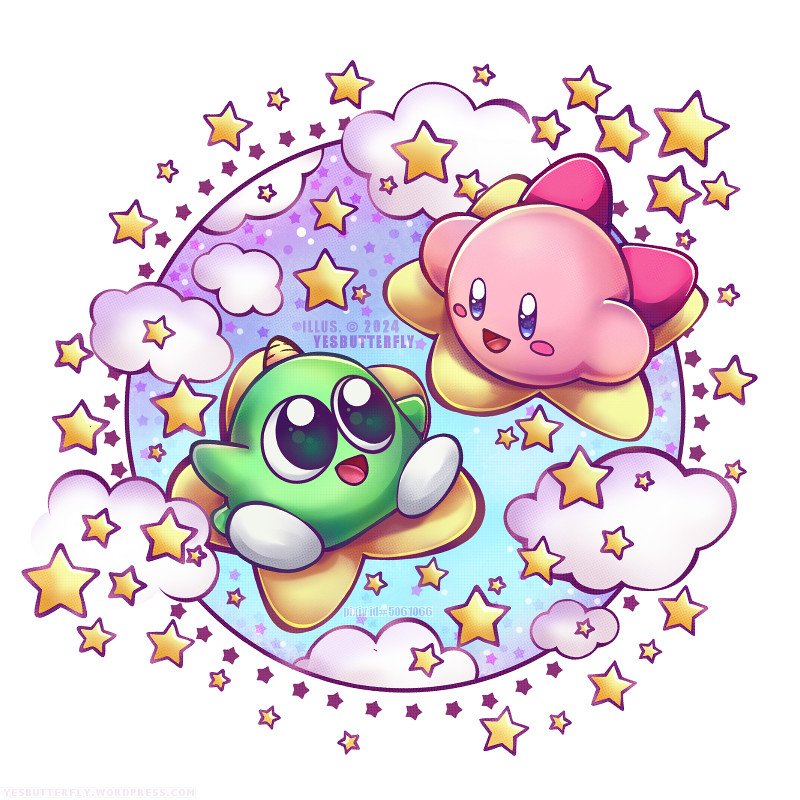 2others, :d, artist_name, blush_stickers, crossover, english_commentary, gimmick!, kirby, kirby's_dream_land, kirby_(series), multiple_others, pixiv_id, smile, star_(symbol), trait_connection, warp_star, yesbutterfly, yumetaro